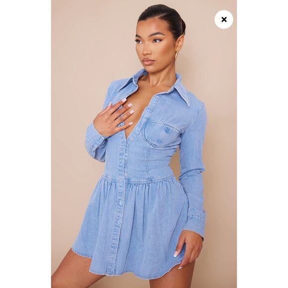 PLT Denim Corset Bustier Mini Dress Size 2 Vintage Wash Long Sleeve Peplum - Picture 12 of 14